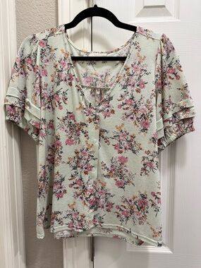 MELLODAY Mint Green Floral V-Neck Puff Sleeve Top